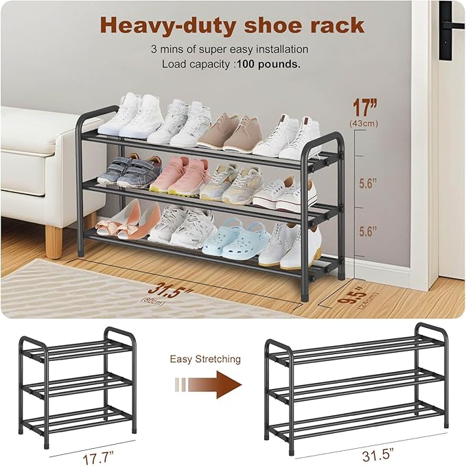 KANAV Expandable Shoe Rack Organizer – 3-Tier Shoe Shelf for Closet, Entryway & Front Door – Space-Saving Shoe Storage Solution-NeatNest