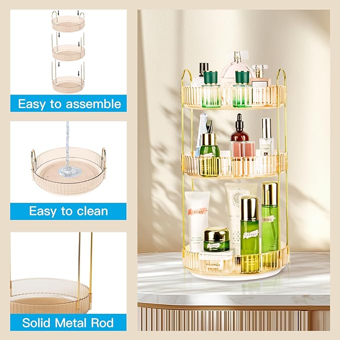 360 Rotating Makeup Organizer - Large Capacity Spinning Perfume & Cosmetic Skincare Holder for Vanity & Countertop (Vibrant Orange, 3 Tier)-NeatNest