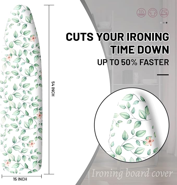 Extra Thick Ironing Board Cover and Pad, 15x54 Ironing Board Cover, Resist Scorching and Staining,Elastic Edges,Sage Green Spring Summer Eucalyptus
