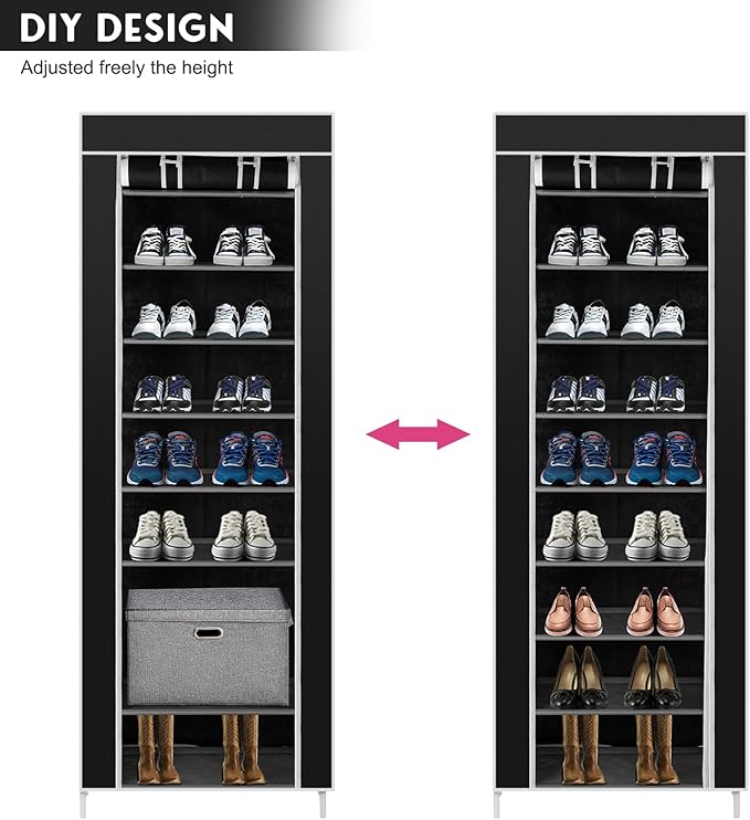 10 Tiers Shoe Rack with Dustproof Cover 27 Pair Shoe Tower Stand Sturdy Shelf Storage Organizer Cabinet Perfect for Bedroom, Closet, Entryway, Dorm Room (Black)-NeatNest