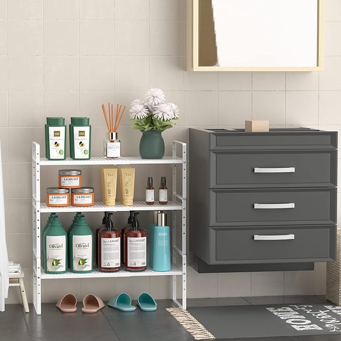 Expandable Kitchen Cabinet Shelf Organizer 2 Pack, Stackable Metal Pantry Storage Shelves, Adjustable Counter Shelf Organizer Rack for Kitchen Cabinets, Cupboard, Countertop, Closet, White-NeatNest