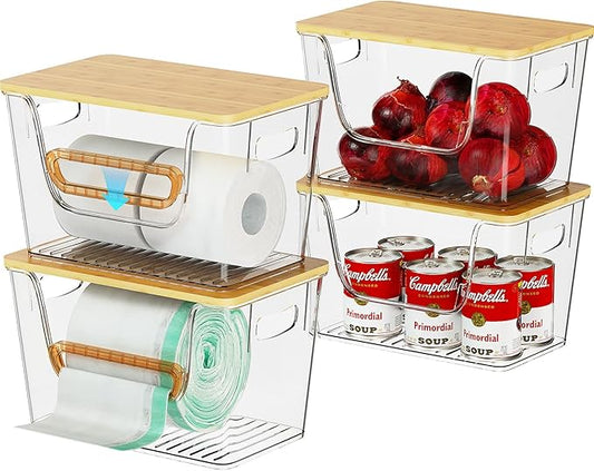 4 Set Kitchen Pantry Organizers and Storage,Potato Onion Storage Bin,Clear Open Front More Easy Access with Bamboo Top,Stackable Storage Fruit Vegetable Basket for Kitchen Counter-NeatNest