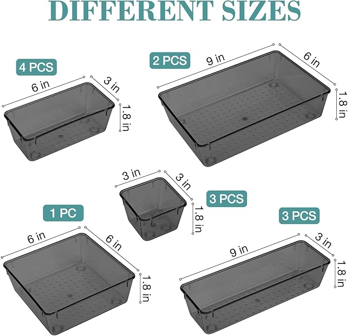 13 PCS Drawer Organizer Set, 5 Varied Size Bathroom and kitchen Drawer cabinet organizer Trays, Clear Storage Bins for Makeup, Jewelry, Utensils and Gadgets, Black-NeatNest