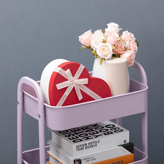 AGTEK Makeup Cart, Movable Rolling Organizer Cart, 3 Tier Metal Utility Cart with Lockable Wheels for Home & Office, Purple-NeatNest