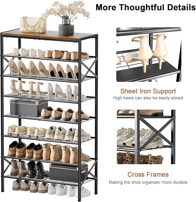 8-Tier Tall Shoe Rack Organizer Shoe Storage for Entryway 24-32 Pairs Metal Shoe Rack for Closet Heavy-Duty Shoe Rack with Wooden Top Shelf for Garage Rustic Brown-NeatNest