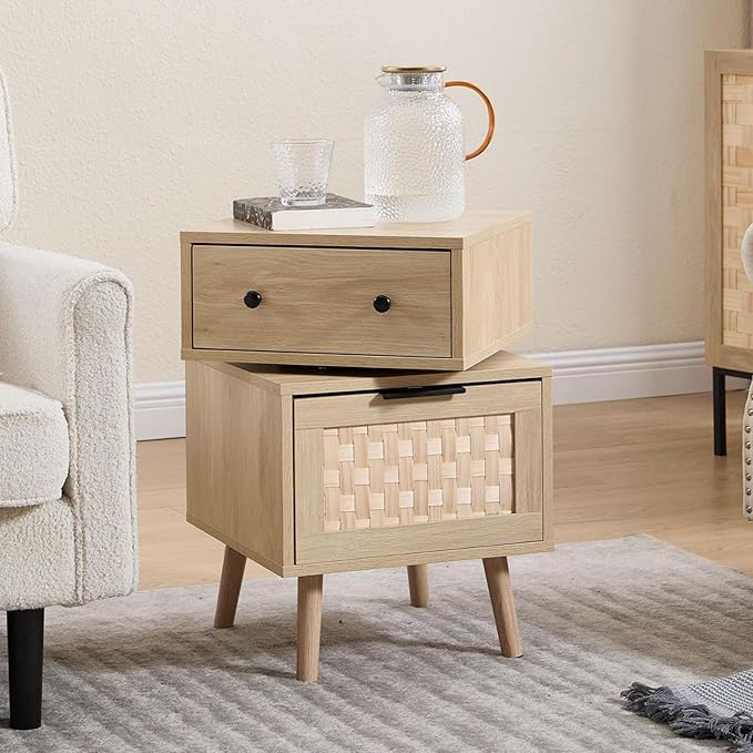 Bonzy Home Nightstand with Storage, 23" Side Table with Woven Doors, Bedside Table with 360° Rotating for Living Room, Bedroom, Oak-NeatNest