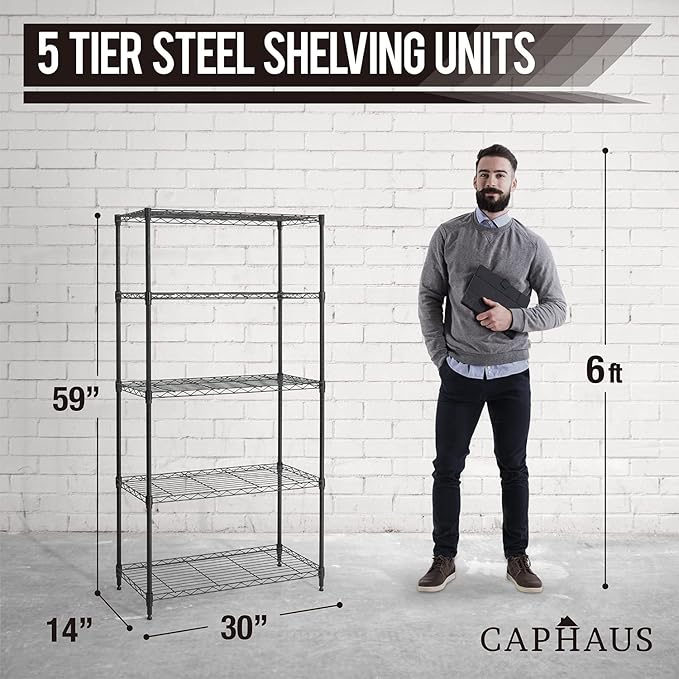 CAPHAUS 3/4/5-Tier Adjustable Height Wire Shelving Unit, Wire Rack Shelving, Metal Steel Storage Shelves, Garage Shelving Storage Organizer, Utility Storage Shelf, 5-Tier Without Wheels, Black-NeatNest