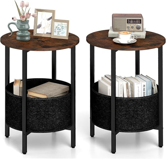 GOFALME Round End Table with Storage Set of 2, Sofa Side Table with Removable Fabric Basket, Metal Frame, Wooden Top, Industrial, 2-Tier Bedside Table for Living Room, Bedroom, Rustic Brown