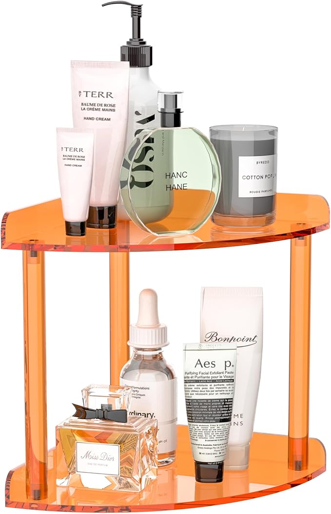 2 Tier Countertop Corner Organizer Shelf 7x7x8 Inch, Orange Acrylic Bathroom Corner Shelf for Countertop, Vanity Storage for Skincare, Cosmetics, Perfume-NeatNest