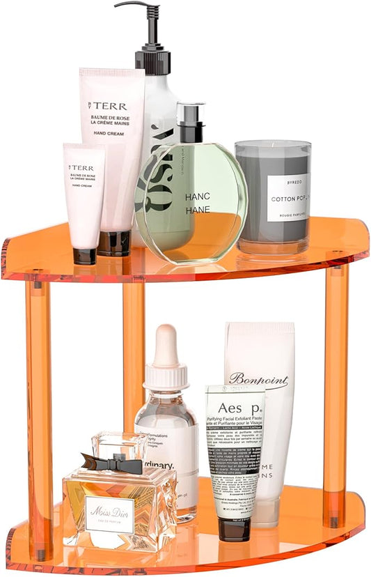 2 Tier Countertop Corner Organizer Shelf 7x7x8 Inch, Orange Acrylic Bathroom Corner Shelf for Countertop, Vanity Storage for Skincare, Cosmetics, Perfume-NeatNest