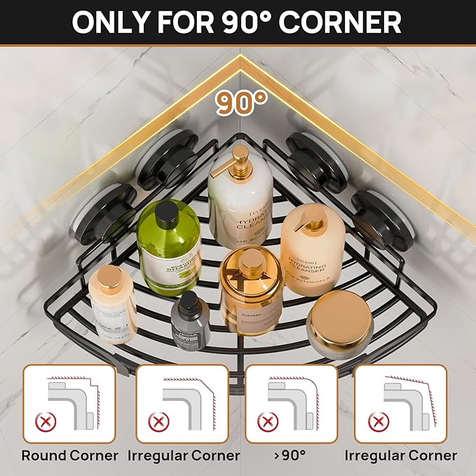 LEVERLOC 2 Pack Strong Suction Cup Corner Shower Caddy, Large Capacity Removable Bathroom Organizer, Stainless Steel Rustproof Shower Shelves with Hook, Drill-Free Wall Mounted Suction Basket, Black
