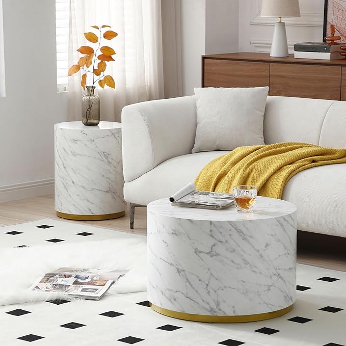 kevinplus White Side Table End Table for Living Room, Circle Wood, Faux Marble Grain, White & Gold (ø15.7'' x 19.6'')