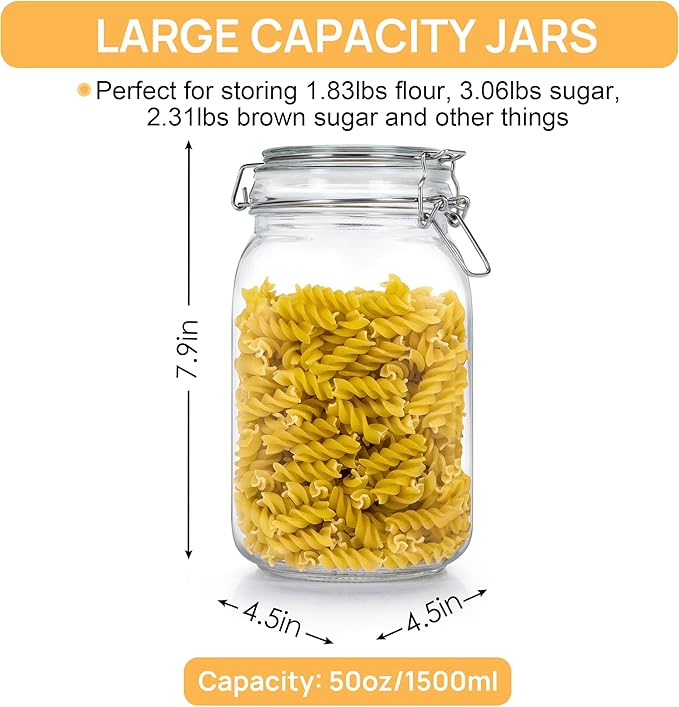 CHEFSTORY 50oz Airtight Glass Jars with Lids, 3 PCS Food Storage Canister for Kitchen & Pantry Organization, Square Mason Jar Containers for Storing Sugar, Flour, Cereal,Coffee,Cookies-NeatNest