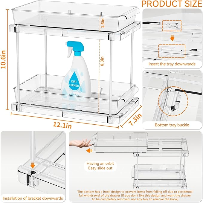 Yieach 4 Pack Under Sink Organizers and Storage,Clear Acrylic Bathroom Organizer and Cabinet Organization for Makeup,Medicine,Two Tier Pull Out Cabinet Organizer Drawers for Pantry,Vanity Storage Bins-NeatNest