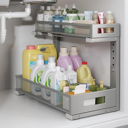 1 Pack 17IN Depth Under Sink Storage Organizer, Large 2-Tier Elegant Mesh Pull Out Shelf for Kitchen and Bathroom Cabinet Organization, L-Shaped and Adjustable Height Design-Gun Gray-NeatNest