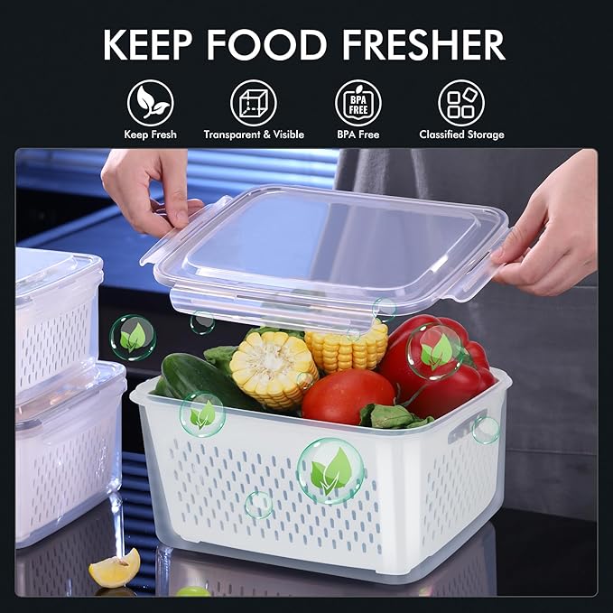 HOTEC 5-Pack Large Fruit Storage Container with Removable Colander, BPA Free Dishwasher & microwave safe Largest 4.15L