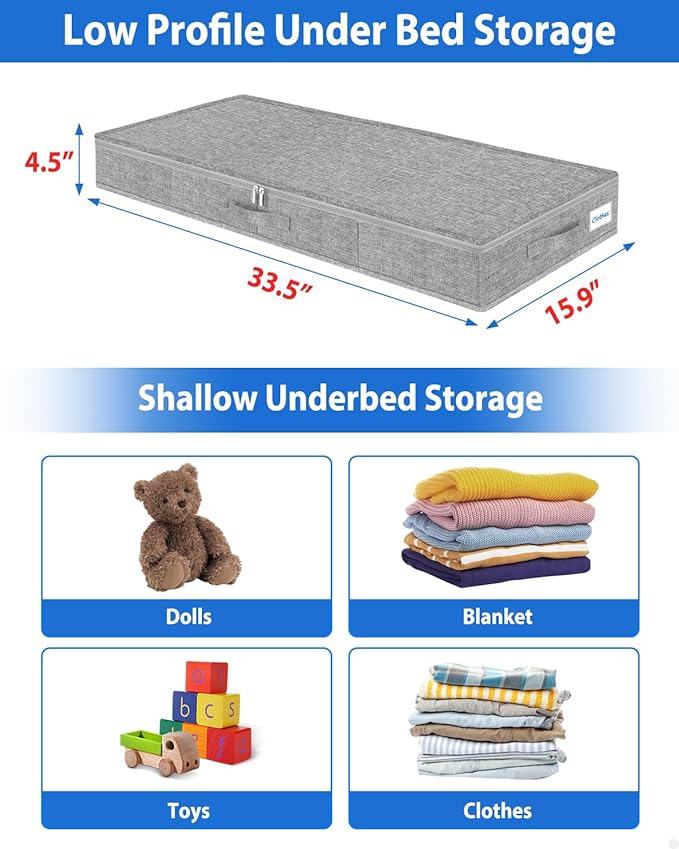2 Pack Low Profile Under Bed Storage Containers 4.5 Inch Height, Shallow Underbed Couch Storage Organizer With Sturdy Sidewalls/Bottom, Thin Underbed Storage Bins For Clothes Dorm Dresser Sofa- Grey-NeatNest