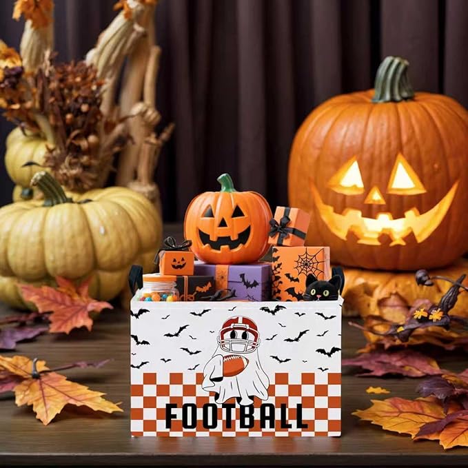 Halloween Basket Gift Cute Ghost Parties Decor Kid Trick or Treat Basket for Boys and Girls Rectangular Storage Bin Box (Football Bat)-NeatNest