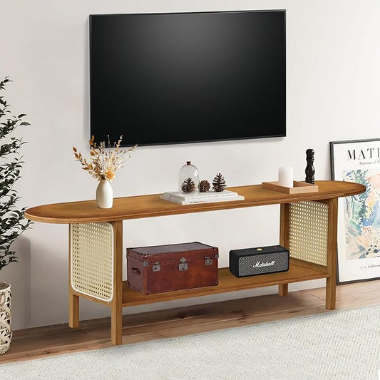 Bamboo TV Stand for TVs up to 65", Accent Entertainment Center with Storage, Media Console Table with Rattan, Modern TV Stand for Living Room, Bedroom, 55"(L), Walnut-NeatNest
