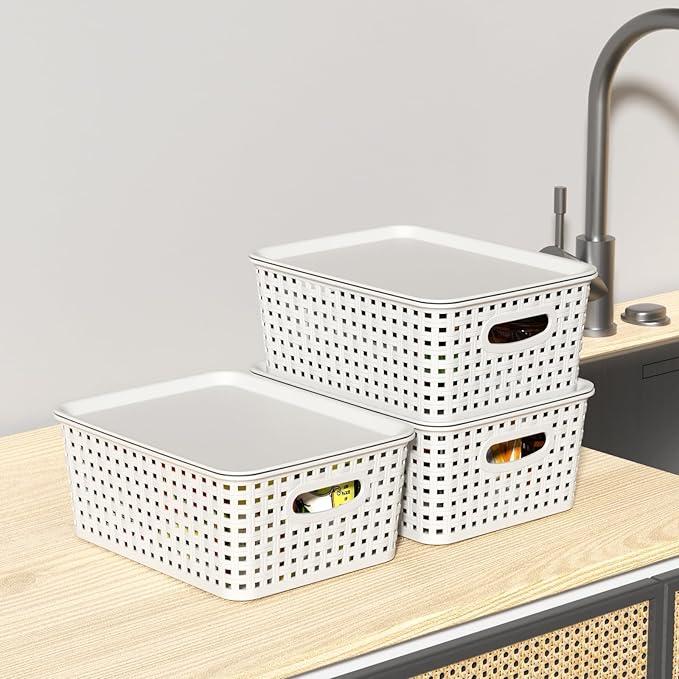 6 Pack Plastic Storage Baskets with Lids, Stackable Decorative Box Bin, Small Weave Storage Containers, White