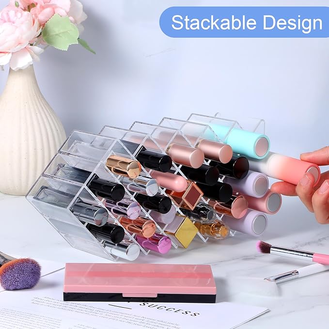 3 Pack Clear Lipstick Organier, Acrylic Lipstick Holder 28 Slots, Lip Gloss Organier, Stackable Fish Shape Lipstick Tower, Lipstick Display Case for Lipstick-NeatNest