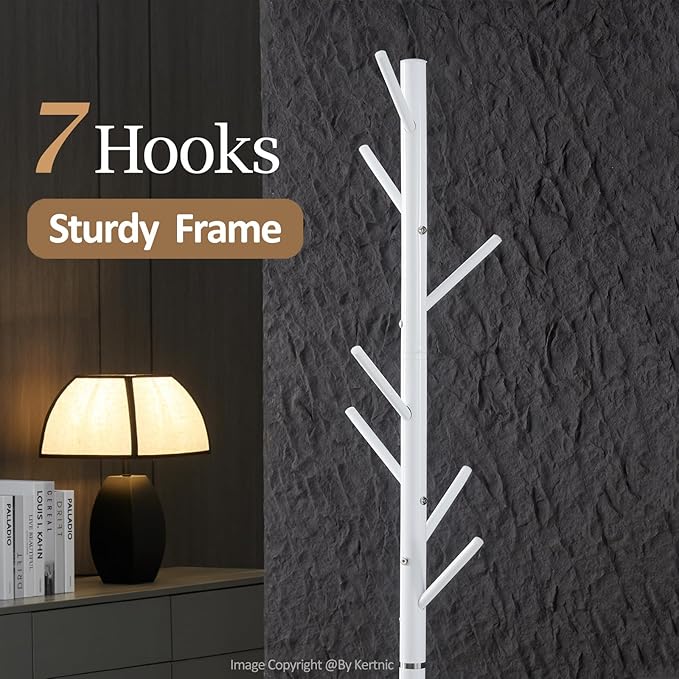 Kertnic Metal Coat Rack Stand, Free Standing Coat Rack with Stable Marble Base, High-Grade Coat Tree with 7 Hooks Metal Hall Tree Bedroom Floor Hat & Clothes Hanger (w White)-NeatNest