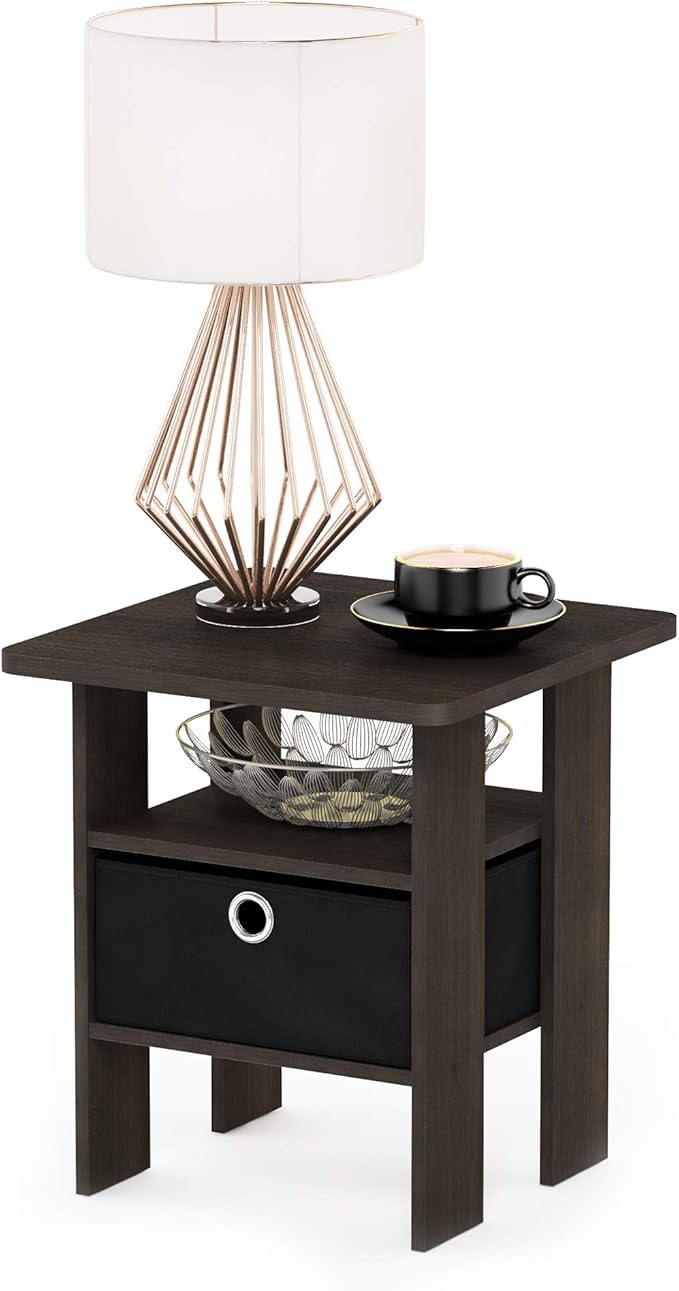 Furinno Andrey End Table / Side Table / Night Stand / Bedside Table with Bin Drawer, Dark Brown/Black, 1-Pack, Center Bin