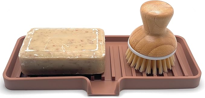 Happitasa Silicone Soap Dish Tray and Sponge Holder with Drain Chute | Bathroom and Kitchen Sink Organizer Caddy (Mocha, 9"x3.5", 5.6 Ounces)-NeatNest