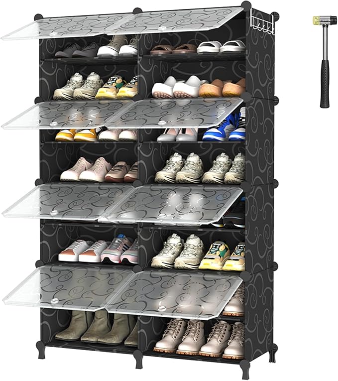 AWTATOS Shoe Rack, 8 Tier Shoe Storage Cabinet with Door, 32 Pair Shoe Organizer Shelves for Closet Hallway Bedroom Entryway, Black-NeatNest