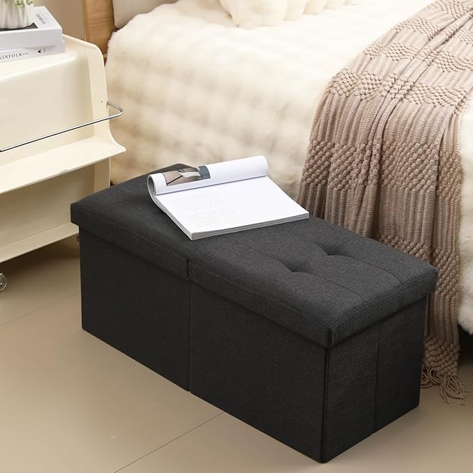 CUYOCA Storage Ottoman Bench Foldable Seat Footrest Shoe Bench End of Bed Storage with Flipping Lid, 75L Storage Space, 30 inches Linen Fabric Black-NeatNest