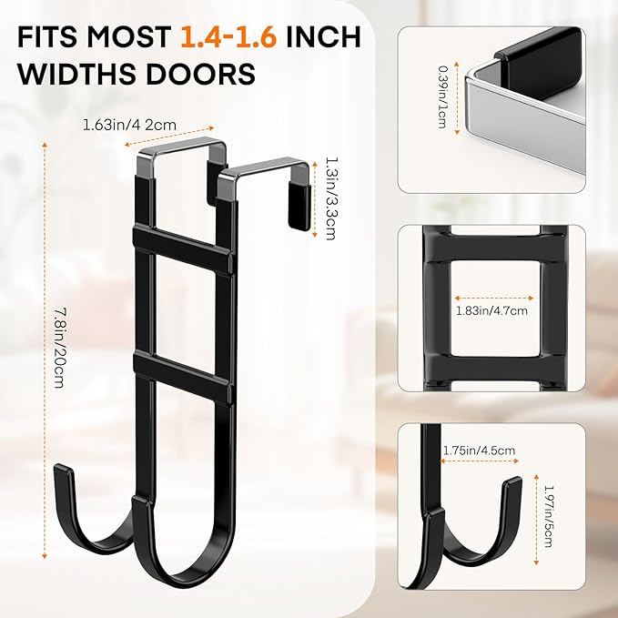 FYY Over The Door Hooks - 2 Pack Heavy Duty Dual-Hook Organizer Hanger with Non-Slip Rubber for Towels, Clothes, Hats & Bags Use in Bathroom, Bedroom, Kitchen - Fits Interior Doors Up to 1.6" Black-NeatNest