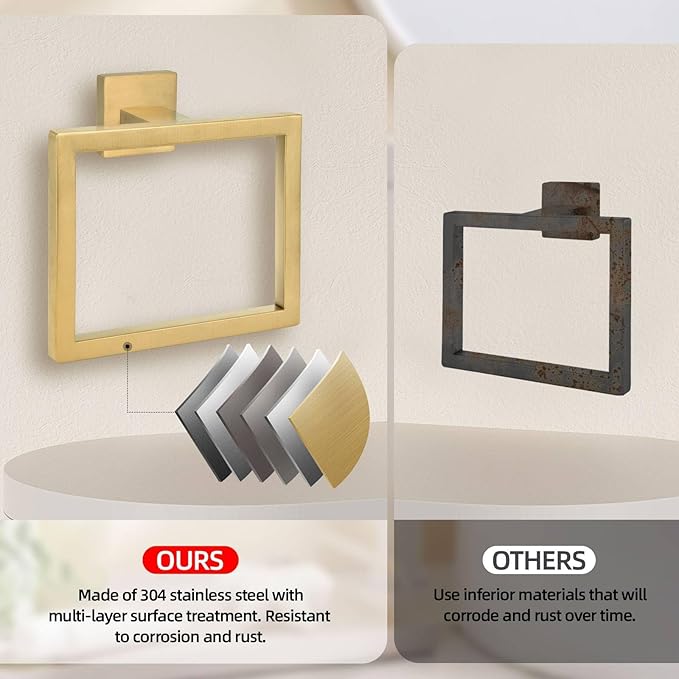 Brushed Gold Towel Ring,Square Hand Towel Holder,Towel Hanger, Bathroom Hardware Accessories,SUS 304 Stainless Steel Wall-Mounted-NeatNest
