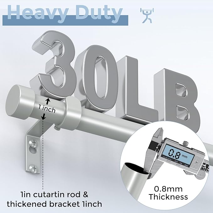 2 Pack Curtain Rods for Windows 28 to 48 Inch(1.5-5 Feet), Silver 1'' Diameter Drapery Rods with End Cap Style Design,Modern Adjustable Heavy Duty Curtain Rod,Size:30''-60''