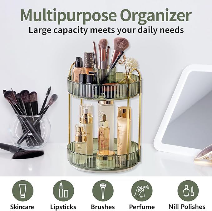 360 Rotating Makeup Organizer,2 Tier Large Capacity Make Up Organizers and Storage,Skincare Perfume Vanity Organizers,Bathroom Cosmetics Storage Organizer Countertop (Green)-NeatNest