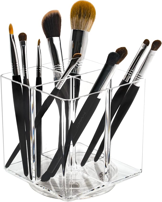 Clear Makeup Brush Holder,Acrylic Rotating 360°Makeup Brush Organizer,Pen holder with 4 Grids,Makeup Holder for Courtup,Containers for Desk-NeatNest