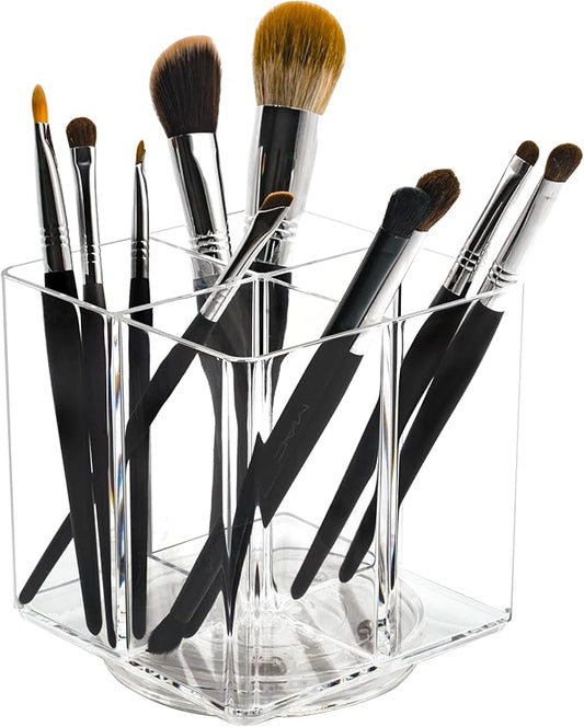 Clear Makeup Brush Holder,Acrylic Rotating 360°Makeup Brush Organizer,Pen holder with 4 Grids,Makeup Holder for Courtup,Containers for Desk-NeatNest