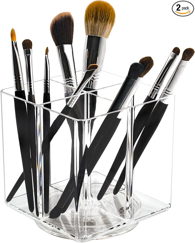 Clear Makeup Brush Holder,Acrylic Rotating 360°Makeup Brush Organizer,Pen holder with 4 Grids,Makeup Holder for Courtup,Containers for Desk,2pc-NeatNest