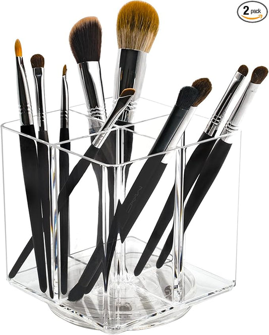 Clear Makeup Brush Holder,Acrylic Rotating 360°Makeup Brush Organizer,Pen holder with 4 Grids,Makeup Holder for Courtup,Containers for Desk,2pc-NeatNest