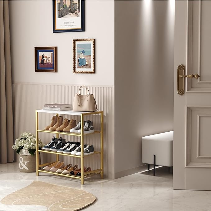 HOMEFORT 4-Tier Shoe Rack, Shoe Storage Shelf, Industrial Shoe Tower, Narrow Shoe Organizer for Closet Entryway, Small Shoe Rack Table with Durable Metal Shelves, Gold-NeatNest