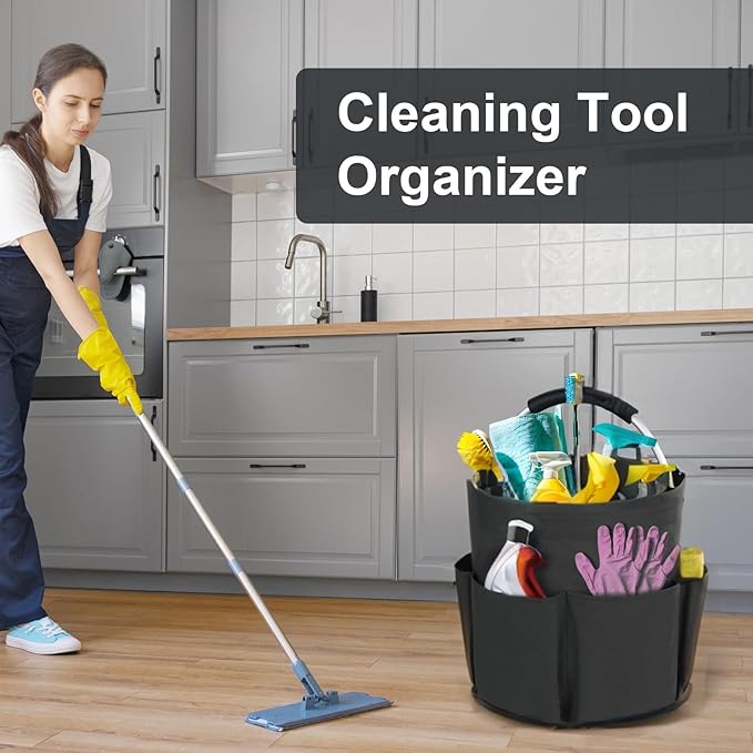 Cleaning Caddy with Handle, Cleaning Products Organiser, 17L Foldable Storage Basket, Cleaning Caddy Organiser, Portable Multi Cleaning Bucket Bag for Home, Garden (Black)-NeatNest