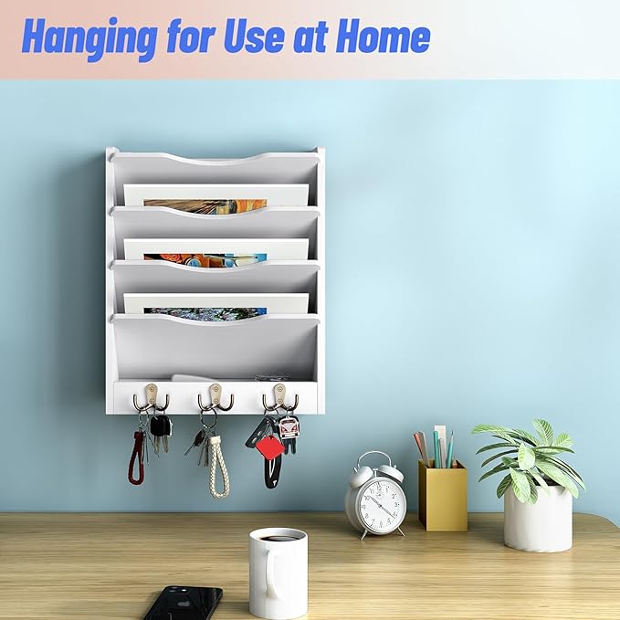 5 Tier Hanging Wall File Holders Letter Size Wall File Organizer Wood Mail Organizer with 6 Hooks, White