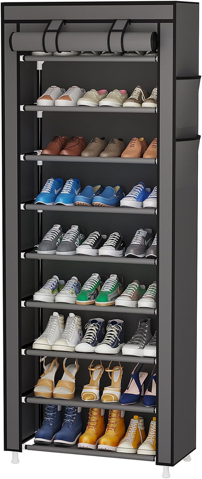 Calmootey 9 Tier Shoe Rack Organizer,Portable Shoe Shelf with Nonwoven Fabric Cover for Closet Hallway,Bedroom,Entryway,Grey-NeatNest