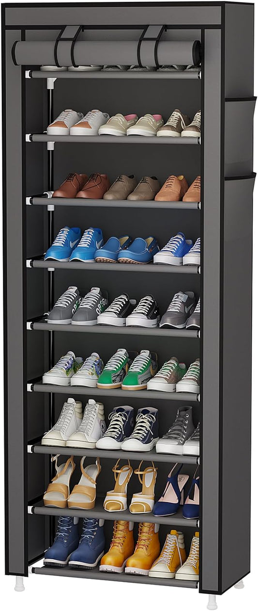 Calmootey 9 Tier Shoe Rack Organizer,Portable Shoe Shelf with Nonwoven Fabric Cover for Closet Hallway,Bedroom,Entryway,Grey-NeatNest