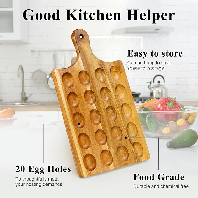 20 Holes Acacia Wood Deviled Egg Tray for Egg Holder Easter Gift Devilled Eggs Container Platter Wooden Cheese Charcuterie Board Devil Egg Serving Dish Carrier Hosting Kitchen Counter Plates