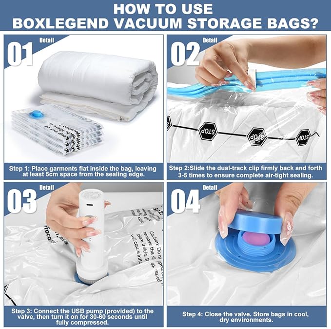BoxLegend Vacuum Storage Bags with Electric Pump 26 Combo (3X-Jumbo, 5 Jumbo, 5 Large, 8 Medium, 5 Small) Thickened Vacuum Seal Bags for Clothing Space Saving for Coat Quilt Blanket Pillow Comforters-NeatNest