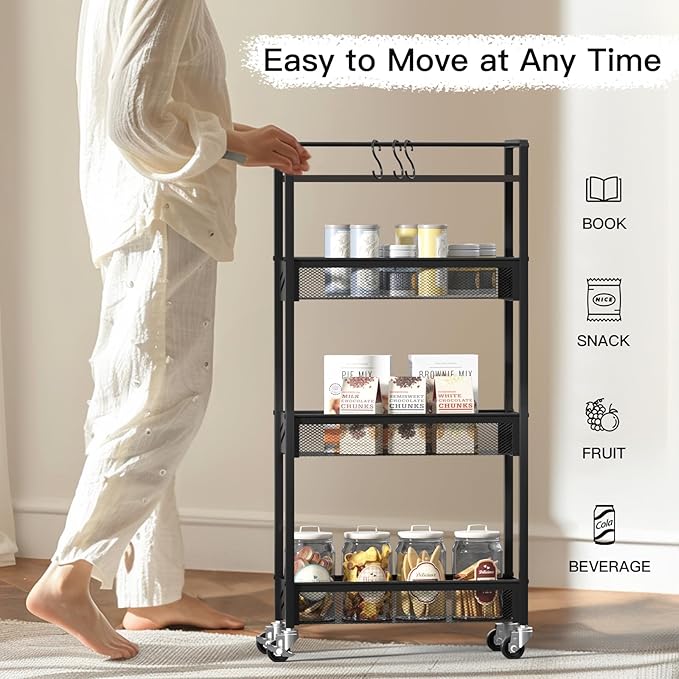 DGSNADGO Slim Rolling Storage Cart, 4-Tier Kitchen Cart on Wheels, Narrow Utility Cart with Handle and Wooden Tabletop for Small Space in Kitchen, Living Room, Bathroom, Laundry Room, Beige (Black)