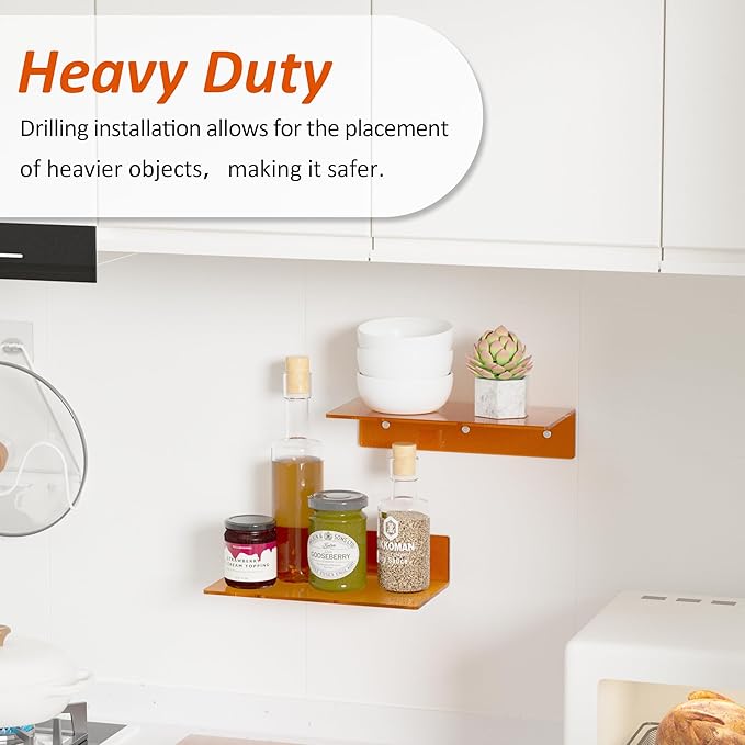 12 Inches Small Orange Wall Shelves Set of 2, Acrylic Floating Shelf for Bedroom, Living Room, Funko Pop Shelves, Smart Speaker, 2 Pack-NeatNest