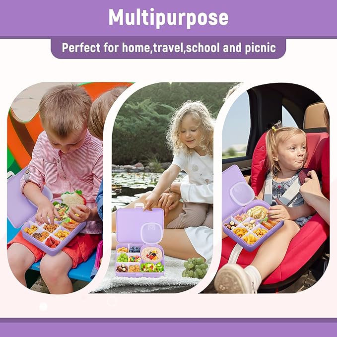 2 Pack Snackle Box Container for Kids,Adjustable Compartments,Reusable Snack Containers with Lids,Easy-Open Latch,Lunch Food Containers,Dishwasher Safe,Leak-Proof Silicone Ring(2 Pack-Purple)-NeatNest