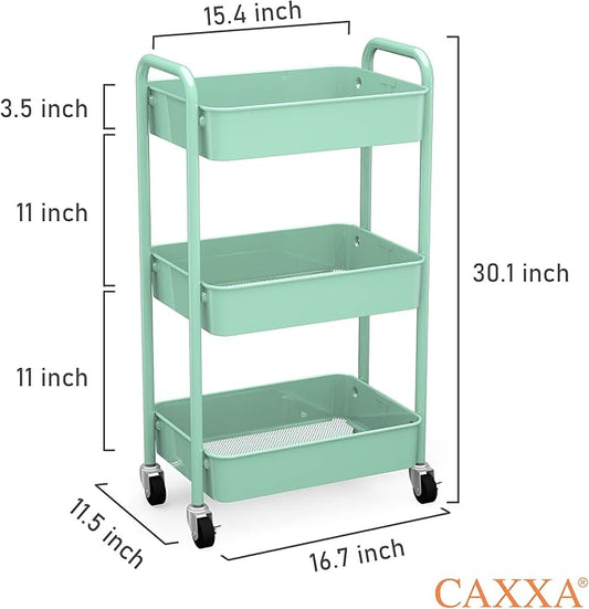 CAXXA 3-Tier Rolling Metal Storage Organizer - Mobile Utility Cart, Kitchen Cart with Caster Wheels (Aqua Green)-NeatNest