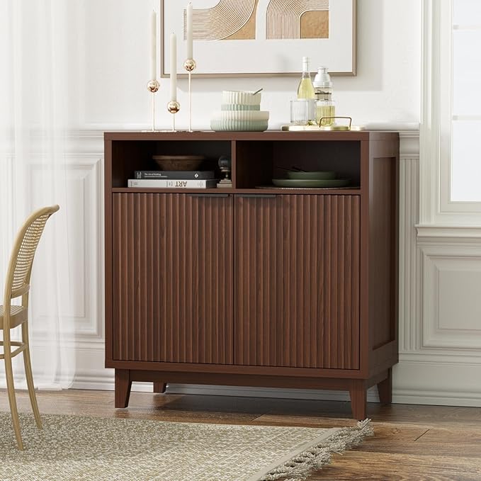 Buffet Cabinet with Storage - Elegant Fluted Storage Cabinet with Adjustable Shelves and Solid Wood Leg, Modern Buffet Sideboard for Living Room, Dining Room, Entryway-NeatNest